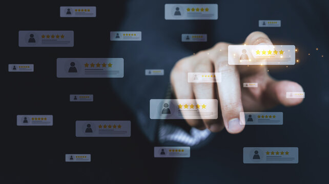 Customer review good rating concept, hand pressing user and five star icon on visual screen for positive customer feedback, testimonial and testimony, user comment and feedback for review.