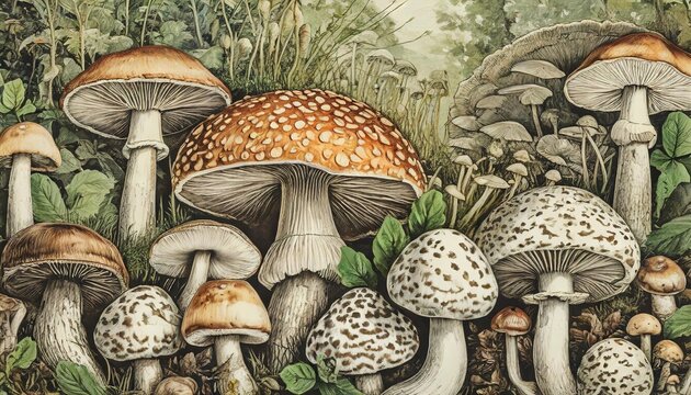 big mushroom collage with all different mushrooms autumn mushrooms view mushroom collection hand drawn illustrations antique engraved illustration from adolphe millot without text for wallpaper