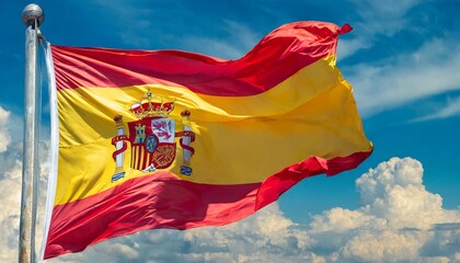 flag of spain waving in the wind on flagpole against the sky with clouds on sunny day banner close up - obrazy, fototapety, plakaty