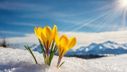 nature lighting of spring landscape with first yellow crocuses flowers on snow in the sunshine and...