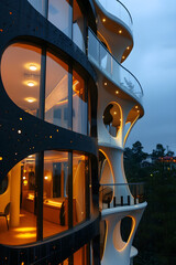 design ad for futuristic Capsule hotel in Japan. travel, tourism. evening, japanese culture
