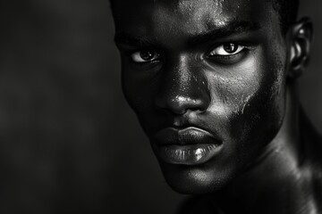 Black and white photo of a handsome African American male, close-up portrait of a man