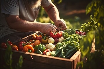 Farmer in field holding basket of healthy organic vegetables or carrying a crate of freshly harvested vegetables in the garden