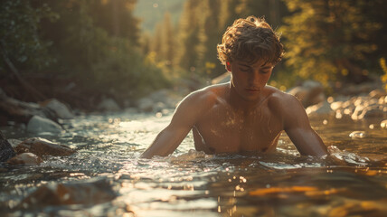 A young guy swims in the lake