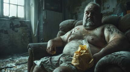 Overweight man eating chips - obrazy, fototapety, plakaty