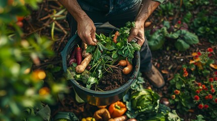 Man gardener composting food waste in backyard, Organic waste for compost, Eco-Friendly Gardening and Recycling, sustainability and responsible stewardship through compost. Generative ai
