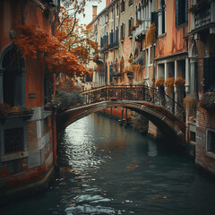 Fototapeta na wymiar Autumn Ambiance on a Venetian Canal with Historical Architecture