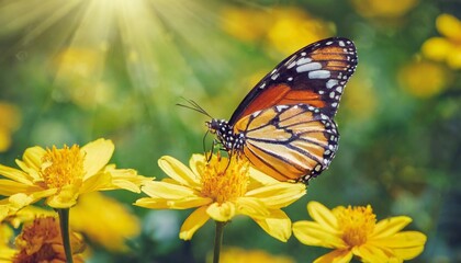 bright butterfly on yellow flowers in a garden summer wonderland fantastic card