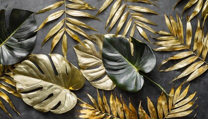 black and golden tropical leaves on dark background