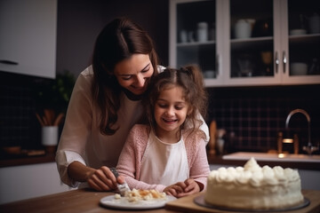 Mother and her daughter are happy while looking at the just baked cake. - obrazy, fototapety, plakaty