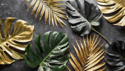 black and golden tropical leaves on dark background