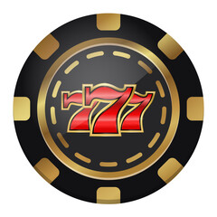 Vector casino chip with winning combination 777. Realistic black chip.