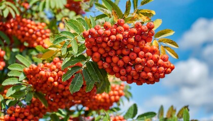 rowan tree with lots of bunches of red berries at autumn day close up view