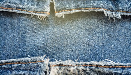 edge frame of blue denim ripped over jeans texture background - obrazy, fototapety, plakaty