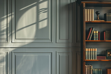 A serene home library corner with sunlight streaming softly onto an antique wooden bookshelf. Office background. 