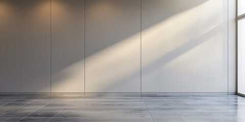 Sunlight streams through the window in a minimalist designed space with shadows and clean lines. Office background. 