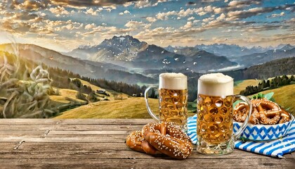Bayerische Brezeln mit Bierkrug auf altem rustikalen Holzhintergrund Bierkrug mit Weizen und Hopfen...