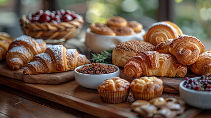 Croissants and jam on a wooden table