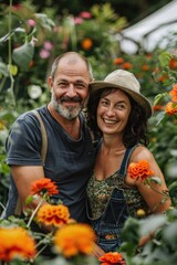 A stylish happy mature happy couple working in the garden together