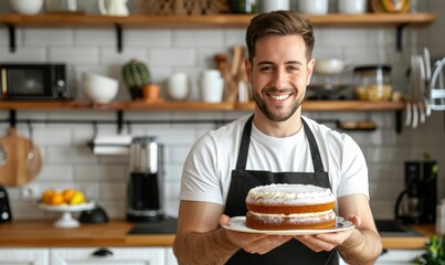A man holding a delicious cake on his kitchen - obrazy, fototapety, plakaty