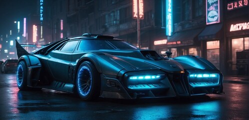 Shiny futuristic sports car on a blurred cyberpunk city street background with bright neon lights....