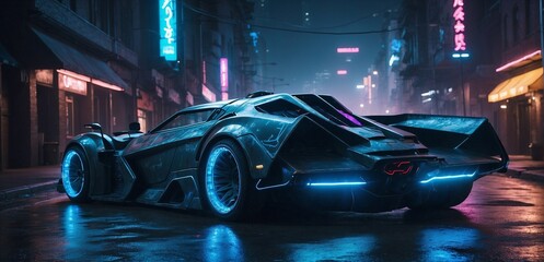 Shiny futuristic sports car on a blurred cyberpunk city street background with bright neon lights. Bokeh effect. Future concept.