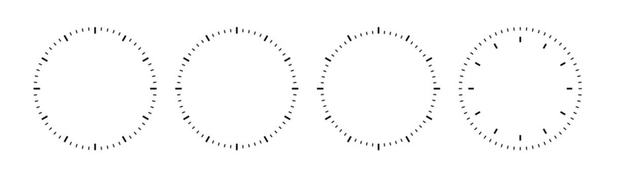 Clock face circle. Speedometer or chrono meter dot marked time scale. PNG