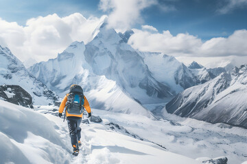 Fototapeta na wymiar Lone man standing in the mountains. climber, climbing. Tourism or travel ad. Everest, snow peak. Backpack