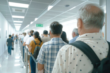 Close-up of a senior man with gray hair waiting in line in a bright hospital corridor, focus on patient care. Hospital queue