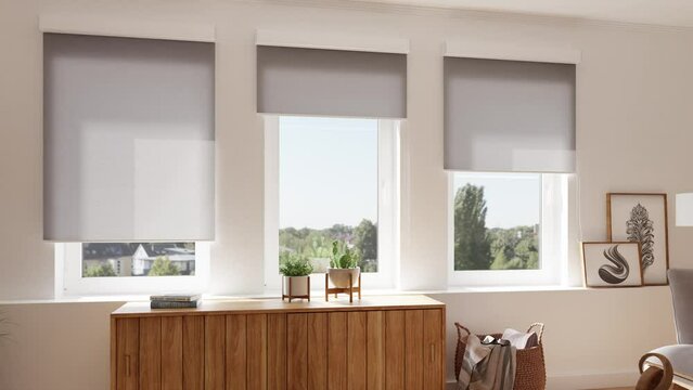Kassetten Rollos im Wohnzimmer, 3D Render 