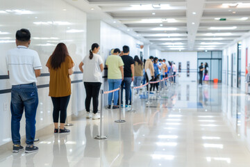A long queue of diverse people standing in a hospital's bright and modern hallway, waiting patiently. Hospital queue - obrazy, fototapety, plakaty