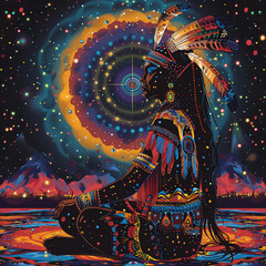 Charming beautiful young shaman meditates on the background of night, space and shining stars. Illustration in psychedelic style.