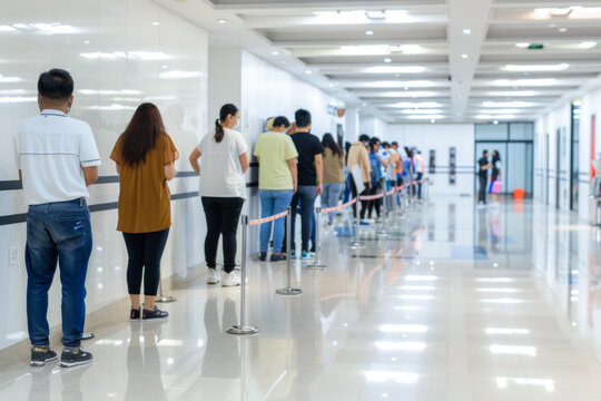 A long queue of diverse people standing in a hospital's bright and modern hallway, waiting patiently. Hospital queue