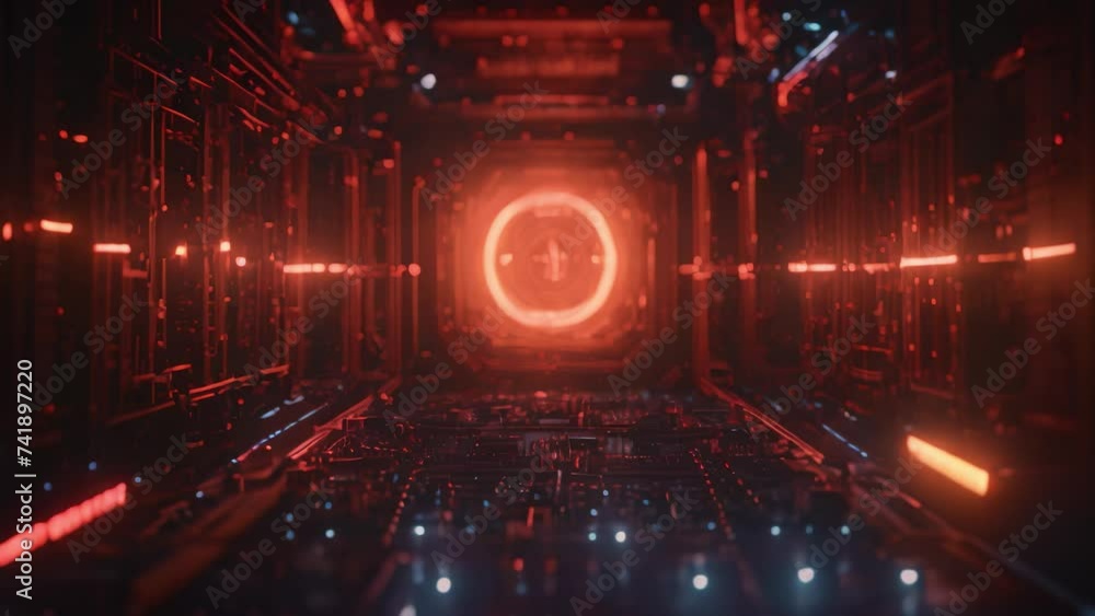 Aufkleber explore a dark tunnel illuminated by neon lights in the center, dark digital interface with neon pat