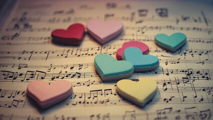 Musical notes with hearts, florals and instruments on a beautiful pastel watercolor background....