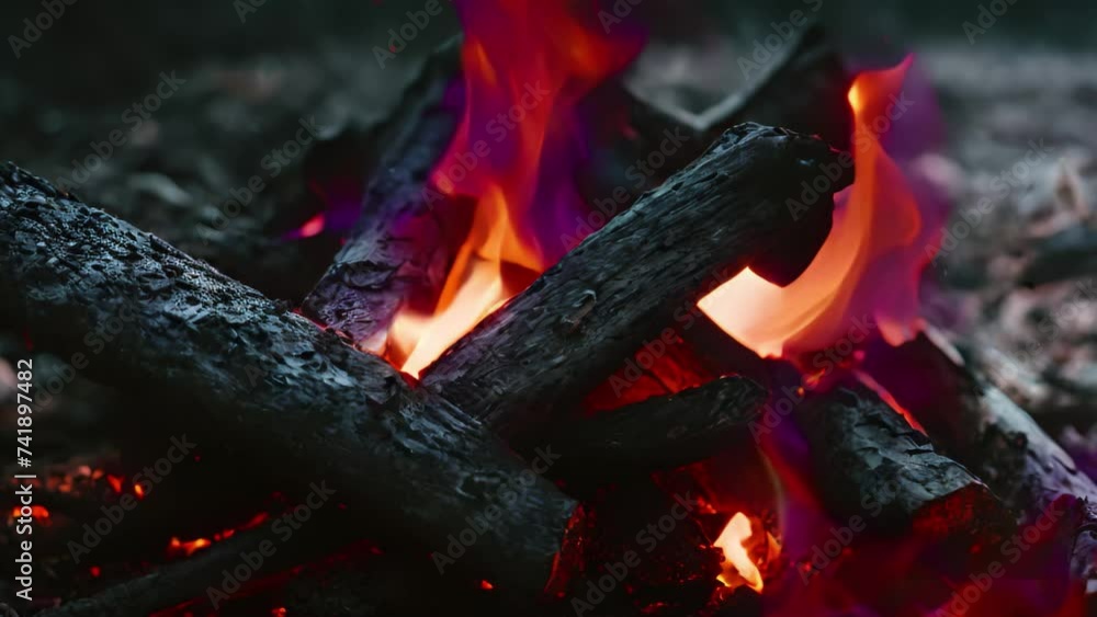 Poster a close-up view of a roaring fire surrounded by a variety of logs, creating a vibrant and dynamic di