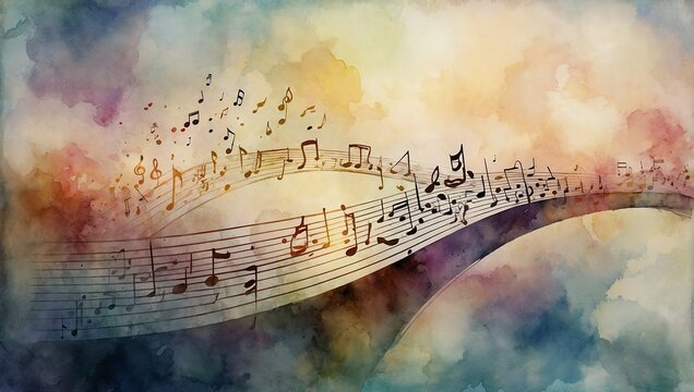 Musical notes with hearts, florals and instruments on a beautiful pastel watercolor background. Love for music concept. Copy space.