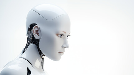 robot android woman, copy space, white background