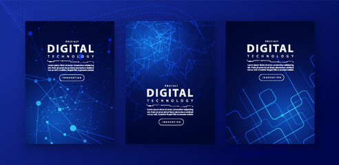 Poster brochure cover banner presentation layout template, technology digital futuristic internet network connection blue background, abstract cyber future tech communication, Ai big data science 3d - obrazy, fototapety, plakaty