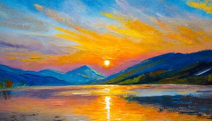 oil painting sunrise on the lake abstract drawing