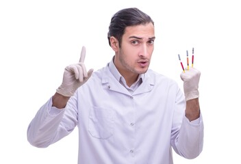 Young handsome doctor with syringe isolated on white
