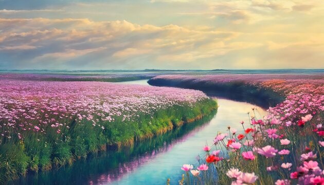 dreamy surreal landscape small river and flower field pastel colours desaturated digital illustration