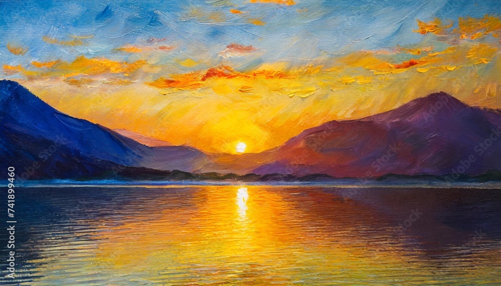 Wall mural oil painting sunrise on the lake abstract drawing