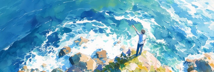 Watercolor Illustration of a happy young guy taking a selfie on the background of the sea, banner - obrazy, fototapety, plakaty