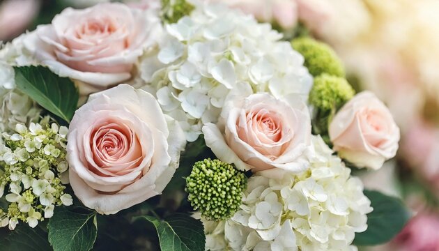 delicate blooming festive roses and white hydrangea flowers blossoming rose flower soft pastel background wedding bouquet floral card selective focus