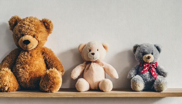 teddy bears on shelf against white wall 3d render