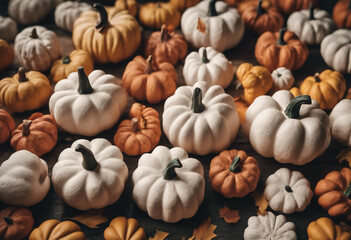 Collection of handmade plaster pumpkins Autumn seasonal holidays background in natural colors DIY cr
