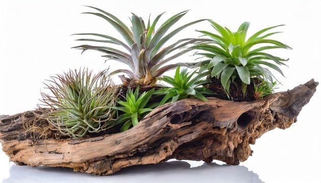 tillandsia plants on the old tree root wood isolated on white background