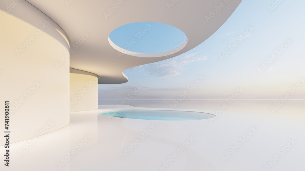 Poster futuristic minimalist architecture with swimming pool 3d render