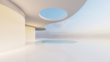 Futuristic minimalist architecture with swimming pool 3d render